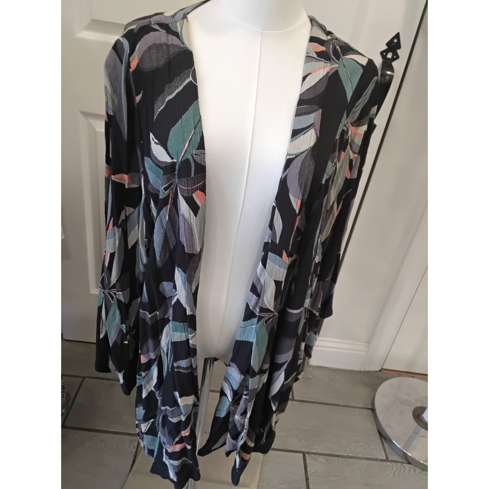 Rip Curl Palm Bay Kimono Black Tropical Leaf Print Viscose Cover Up GSHDT8 Large